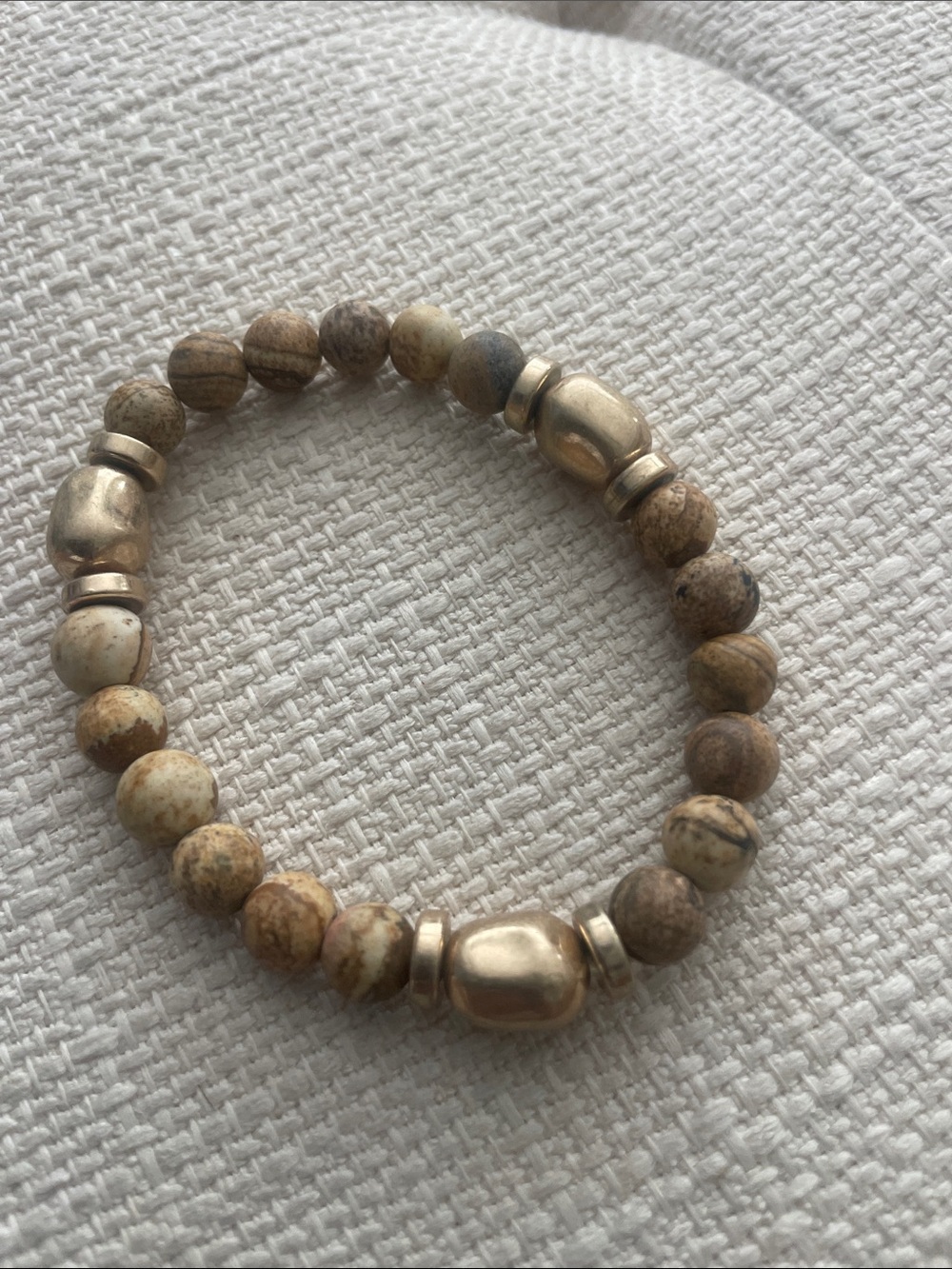 Beaded Natural Stone Stretch Bracelet with Gold Accents - Brown
